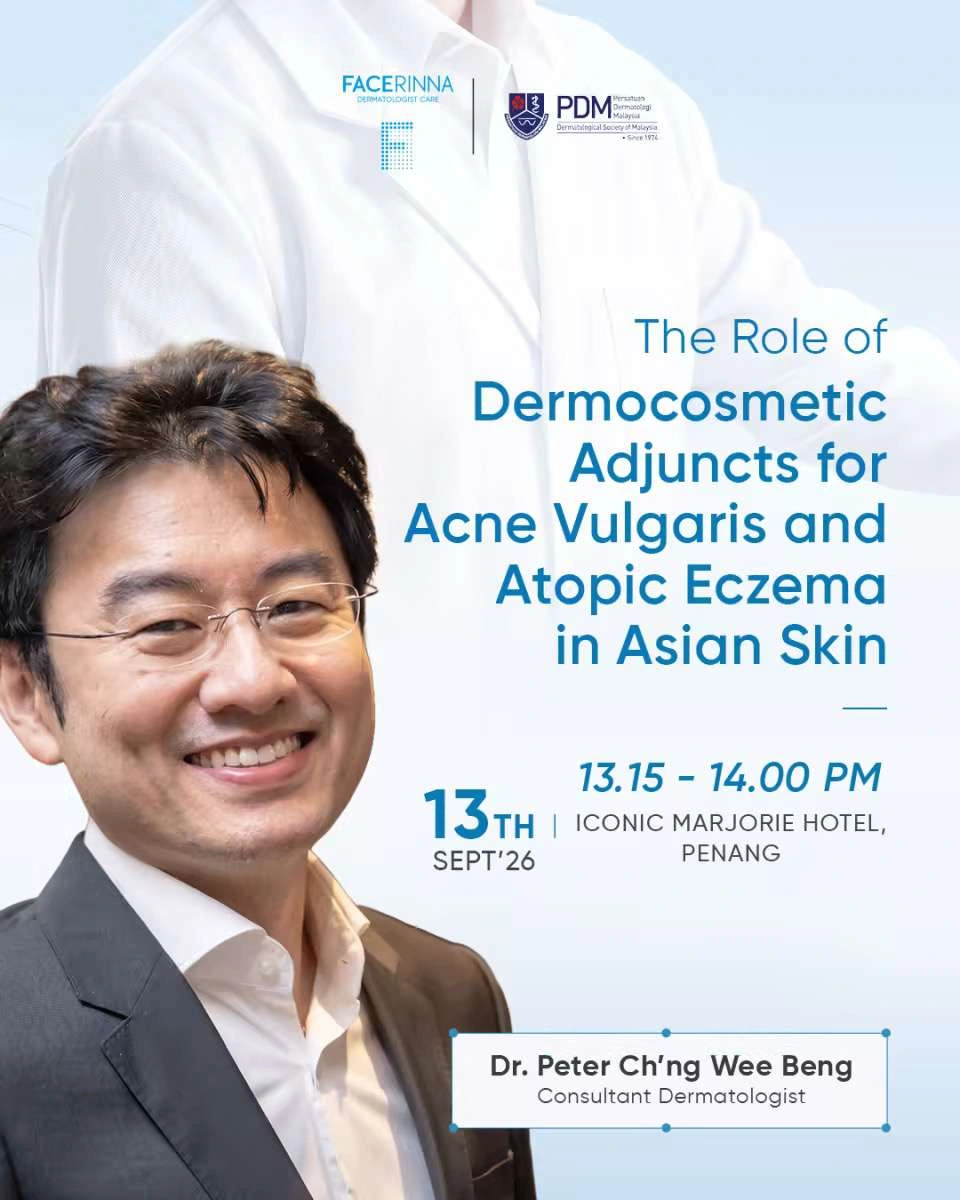 Session poster: The Role of Dermocosmetic Adjuncts for Acne Vulgaris and Atopic Eczema in Asian Skin, Dr. Peter Ch'ng Wee Beng, 13 September 2026, 13.15 to 14.00, Iconic Marjorie Hotel, Penang &mdash; tap to open