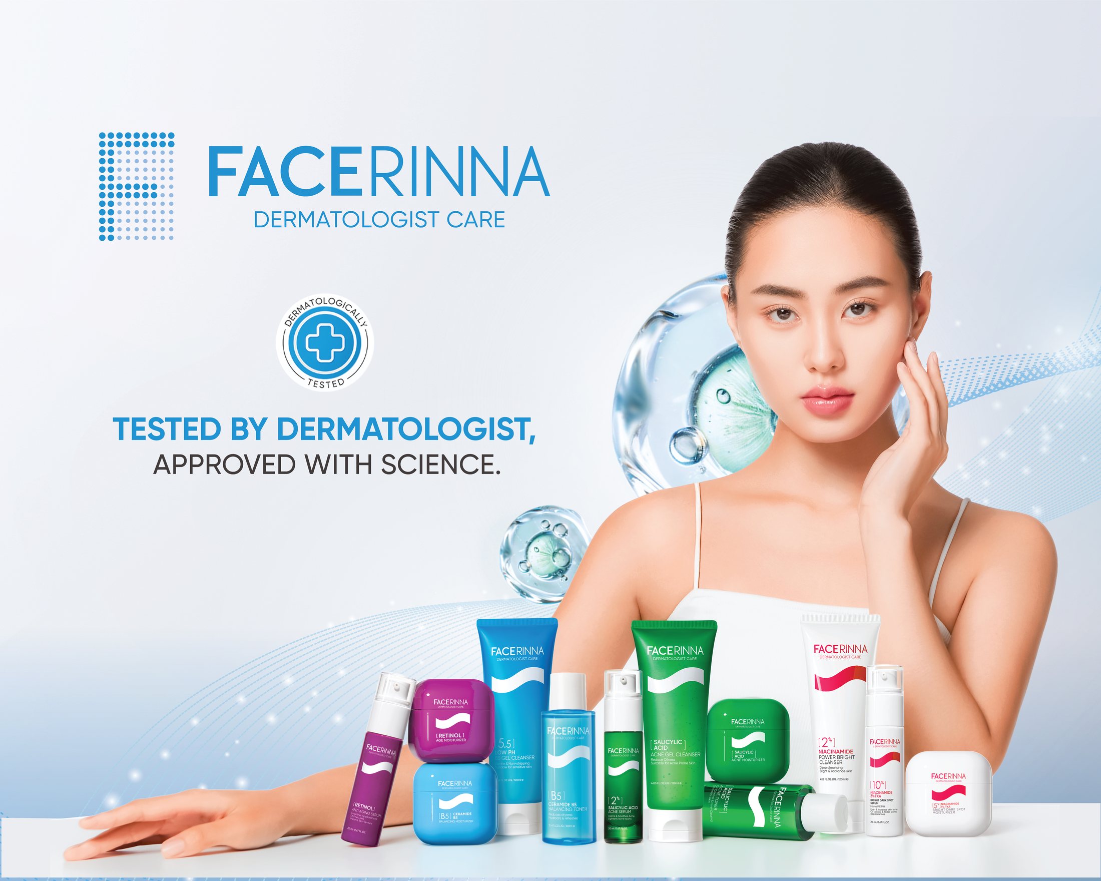 FACERINNA Dermatologist Care — tested by dermatologist, approved with science, with the full product range